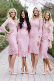 Fashion Sheath Jewel Mermaid Long Sleeves Pink Lace Knee Length Bridesmaid Dress JS580