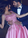 A-Line Luxury Square Appliques Beaded Satin Sweetheart Lace up Pink Quinceanera Dress JS399