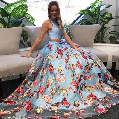 A Line Floral Two Piece Round Neck Sweep Train Blue Organza Prom Dresses JS182