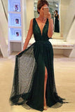 Sheath Deep V-Neck Sweep Train Dark Green Lace Sleeveless Prom Dress with Split Sequins JS697