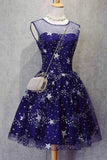 A Line Knee Length Beading Royal Blue Homecoming Dresses Short Bling Prom Dresses JS627
