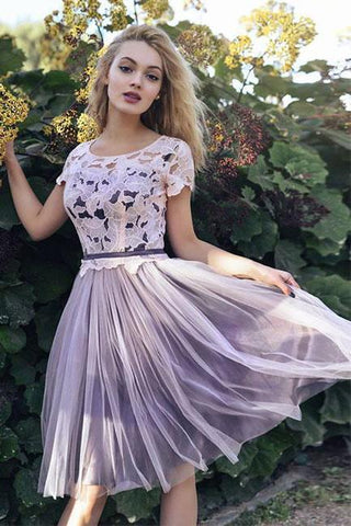 Short Sleeves Scoop Lace Homecoming Dresses A line Cheap Pink Short Prom Dresses JS930