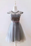 A Line Gray Cap Sleeves Lace up Appliques Tulle Scoop Short Homecoming Dresses JS882
