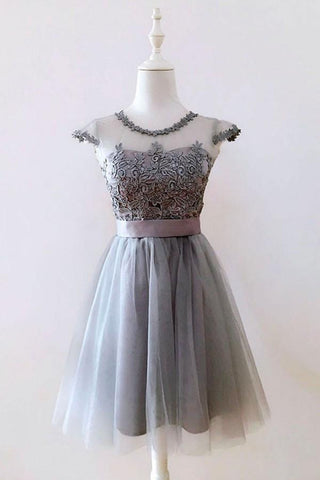 A Line Gray Cap Sleeves Lace up Appliques Tulle Scoop Short Homecoming Dresses JS882