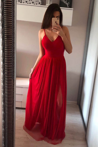 A Line Spaghetti Straps Red See Through Long Silver Simple Tulle Prom Dresses with Slit JS96