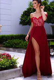 Burgundy A-Line Off-the-Shoulder Sleeveless Sweetheart High Split Lace Long Prom Dresses UK JS283