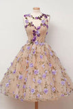 Cute A Line Round Neck Short Tulle Open Back Purple Flowers Homecoming Dresses JS787
