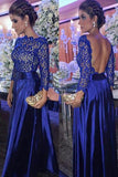 Elegant A Line Round Neck Open Back Long Sleeves Royal Blue Lace Long Prom Dresses JS135