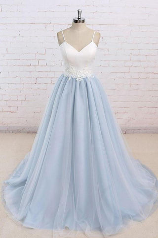 Simple A-Line Light Blue Sweetheart Spaghetti Straps Chic Blue Tulle Backless Prom Dresses JS187