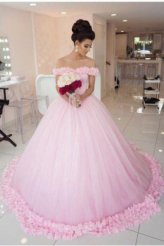 Pink Long Sleeveless Flowers Off the Shoulder Lace up Tulle Ball Gown Wedding Dresses UK JS369