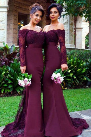 New Arrival Off The Shoulder Trumpet Long Sleeve Lace Mermaid Bridesmaid Dresses