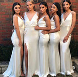 Sexy Mermaid Ivory V Neck Split Long Bridesmaid Dresses Sleeveless Prom Dresses JS918