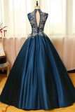 High Neck Sleeveless Appliques Ball Gown Open Back Satin Long Blue Prom Dresses JS234