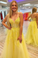 Yellow Spaghetti Straps A-line Lace Appliques Prom Dress