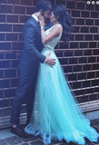 A-Line Two Pieces Sheath Round Neck Blue Tulle Prom Dresses with Lace Sequins Overskirt JS266