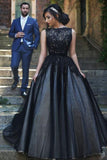 Elegant Round Neck Black Lace Sleeveless Tulle Long Ball Gown Floor-length Prom Dresses JS213