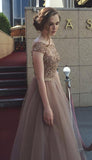 Gorgeous A-Line Backless Cap Sleeves Scoop Tulle Brown Long Prom Dresses UK JS424