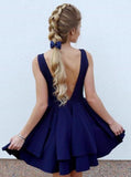 A Line Royal Blue V Neck Above Knee V Back Short Cute Mini Homecoming Dresses JS905