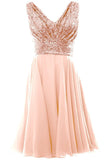 A Line Blush Pink V Neck Chiffon Short Bridesmaid Dress with Rose Gold Sequins UK JS779