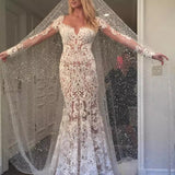 Mermaid V Neck Illusion Back Long Sleeves Ivory Tulle Court Train Wedding Dress with Lace