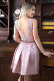 A-Line Crew Above-Knee Pink Satin Sleeveless Homecoming Dress with Appliques Beading JS232