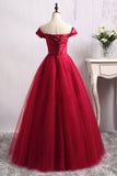A Line Long Red Tulle Off the Shoulder Lace up Bowknot Floor Length Prom Dresses JS140