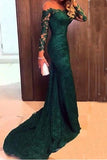 Mermaid Long Sleeves Lace Court Train Green Scoop Prom Dresses JS366