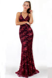 Fashion Spaghetti Straps Burgundy Sequin Mermaid Backless Deep V Neck Prom Dresses JS892