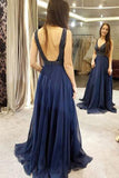 Chic Deep V Neck Open Back A Line With Beading Prom Dresses