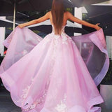 New Style A-Line Sweetheart Straps Pink Tulle Prom Dresses UK with Lace Appliques JS378
