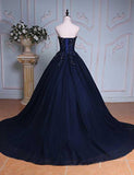 Princess Ball Gown Sweetheart Navy Blue Beads Ruffles Long Tulle Prom Dresses with Lace up JS236