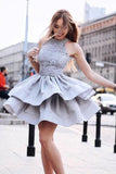 A-Line Round Neck Grey Short Beads Sleeveless Homecoming Dresses with Lace JS859