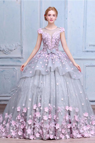 Scoop Ball Gown Gray Tulle Sleeveless Bowknot Empire Waist Wedding Dress with Pink Flowers JS576