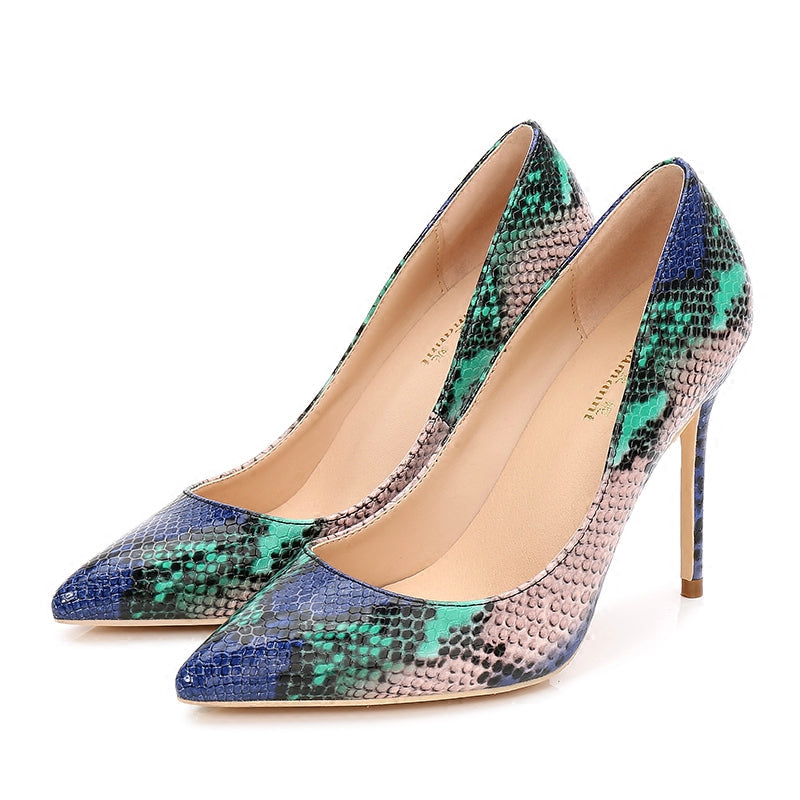 High-heels with Multi-colored Snakeskin Pattern Fashion Women Party Shoes