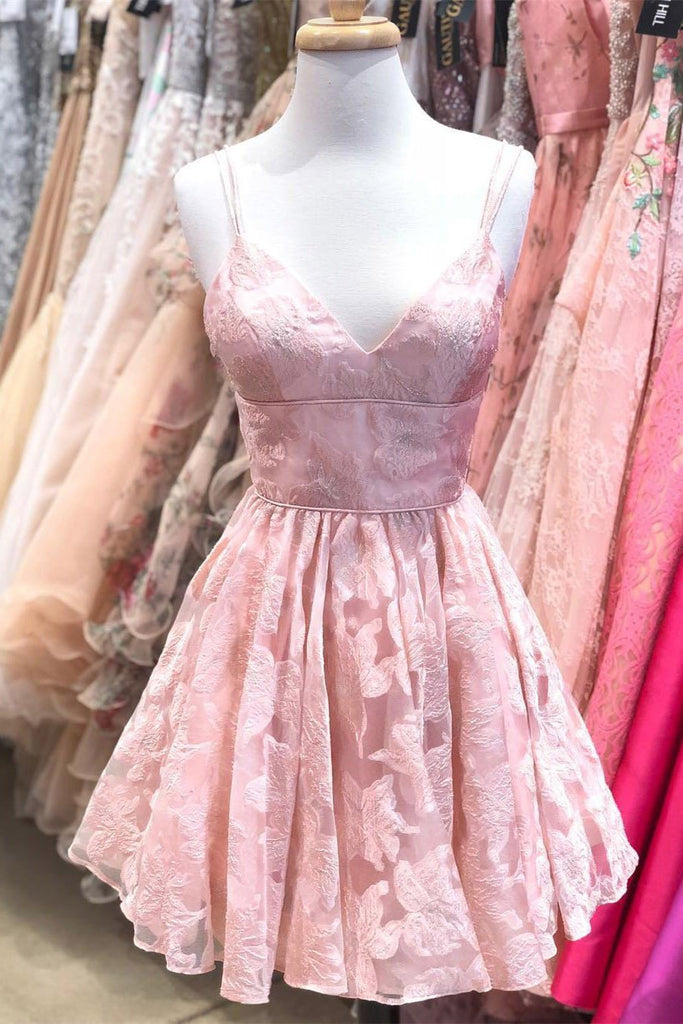 A Line Spaghetti Straps Pink Lace Appliques Jacquard V Neck Short Homecoming Dresses JS995
