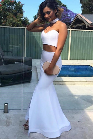 Sexy Two Piece Sweetheart Strapless Long White Satin Slit Mermaid Prom Dresses JS33