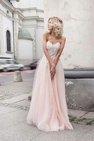 A Line Sweetheart Tulle Pink Prom Dresses with Appliques Beach Wedding Dresses JS970