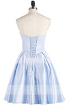 Light Sky Blue Strapless Satin Lace up Knee Length with Pockets Homecoming Dresses JS836