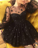 A Line Long Sleeves Tulle Sweetheart Spaghetti Straps with Flowers Black Homecoming Dresses JS955