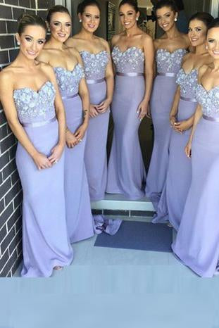Sexy Sheath Sweetheart Strapless Lace Satin Purple Long Sleeveless Bridesmaid Dresses JS55