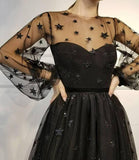 A Line Long Sleeves Tulle Sweetheart Spaghetti Straps with Flowers Black Homecoming Dresses JS955