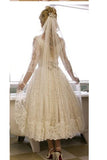 Vantage A Line V-Neck Long Sleeve Tea Length White Lace Princess Wedding Dresses JS668