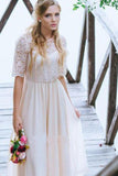 A Line Half Sleeve Lace Chiffon Ankle Length Prom Dress with Jewel Neckline JS274