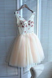 A line V Neck Seam Beads Appliques Tulle Lace up Pink Short Homecoming Dresses JS01