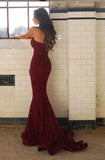 Burgundy Sweetheart Strapless Lace Mermaid Cheap Long Prom Dress Bridesmaid Dresses JS13